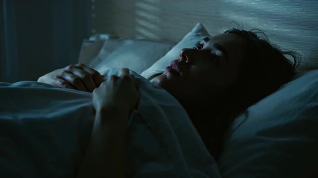 Cinematic 4K stock video young woman lying bed awake night, dim moonlight filtering blinds, shadows room, her eyes open staring ceiling hand clutching sheets breathing visible, atmosphere insomnia