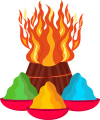 happy holika dahan with bonfire and holi colors in pots celebrating holi festival of india vector illustration