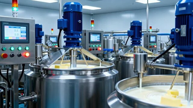 Medium shot showcasing automated controls on a modern centrifugal separator precisely standardizing cream fat levels for consistent butter production in a hightech dairy plant.
