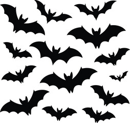 Fototapeta premium Flying bat silhouettes pattern collection, spooky night animals in various wing poses, Halloween horror background, black bat figures isolated illustration