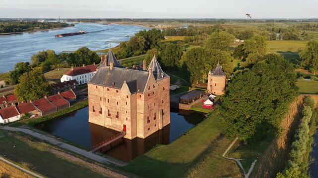 Aerial view of loevestein castle at sunset