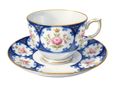 Elegant royal blue pink rose floral teacup and saucer with gold trim ornate watercolor illustration