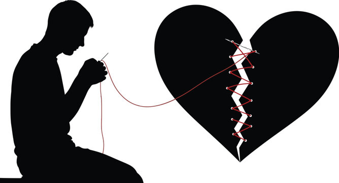 Silhouette of a person mending a large black broken heart with a red thread and needle symbolizing recovery and emotional healing
