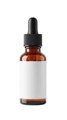 Brown glass dropper bottle with white label isolated on transparent background