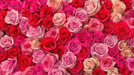 A seamless pattern of vertically arranged bright pink and red roses, designed as a full-bleed clipart background for a romantic Valentine's Day.