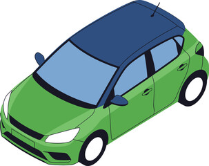 Modern green hatchback car with a blue roof in an isometric vector illustration
