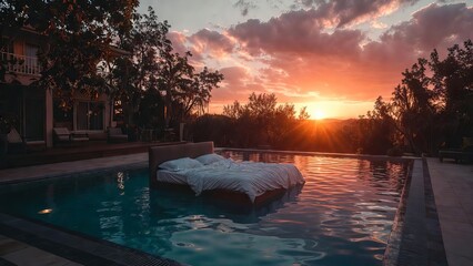 Floating Double Bed in Pool at Sunset Luxury Summer Vacation Tranquility.