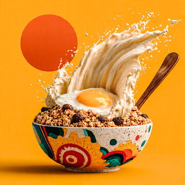 Petit d&eacute;jeuner &eacute;nerg&eacute;tique avec oeuf, c&eacute;r&eacute;ales et lait