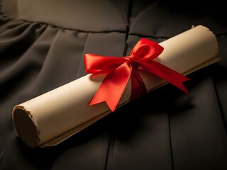 A rolled diploma on a graduation gown
