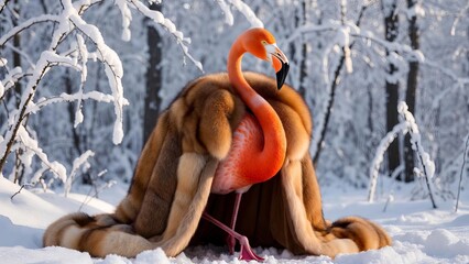 Flamingo in Luxurious Fur Coat in Snowy Forest Surreal Winter Fashion Concept.