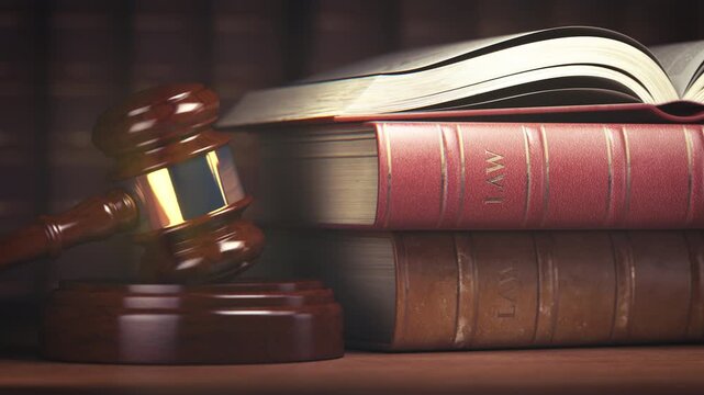 Gavel and law books on a wooden table. Justice and legal proceedings concept.