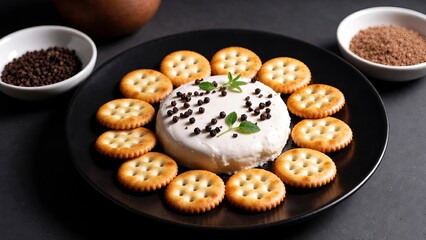 Gourmet Cheese and Crackers on Black Plate with Peppercorns and Seasoning Bowls.