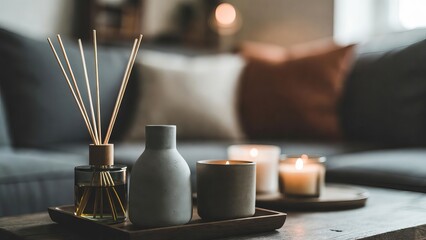 Gray Concrete Vessels with Reed Diffuser Candle and Tray on Coffee Table in Minimalist Living Room.