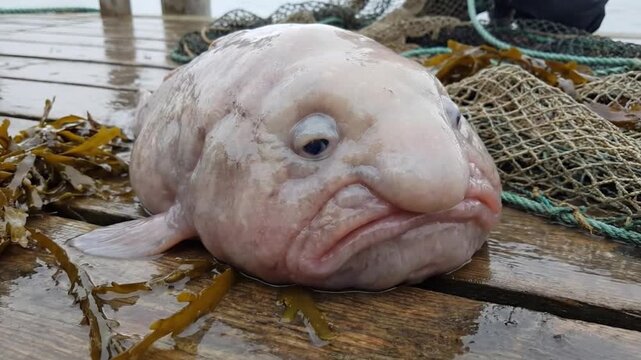 Deep sea blobfish lying on a wet wooden dock with fishing nets in the background.