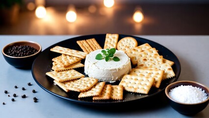 Gourmet Cheese and Crackers on Black Plate with Peppercorns and Seasoning Bowls.