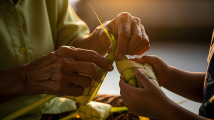 Close-up of elder's hands guiding child's hands in intricate weaving of traditional palm leaf ketupat, symbolizing shared culture, heritage, and generational bonding