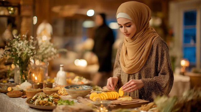 During the evening of Eid Mubarak, a Middle Eastern Muslim woman wearing a headscarf prepares food and sets the dinner table for a family feast.