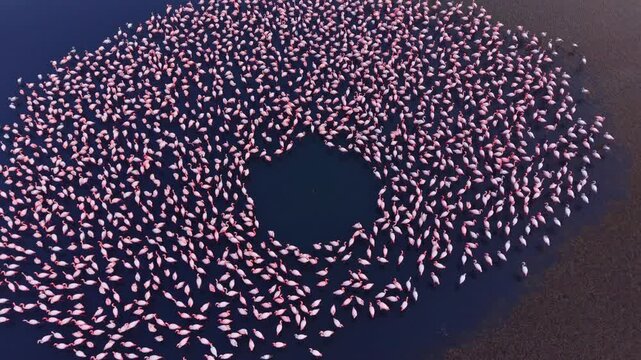 A vibrant display of flamingos forms a stunning circle in calm waters, reflecting the warm colors of the evening sky as they gather in unity, captivating onlookers with their elegance.