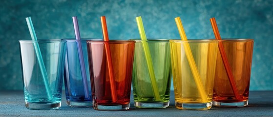 National Skip the Straw Day Row of Colorful Tinted Glasses with Drinking Straws on Blue Surface Environmental Awareness Concept Rethink the Drinking Straw
