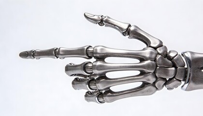 A chrome skeletal hand pointing with precision, expressing intention, decision, and the sharp clarity of machine logic.