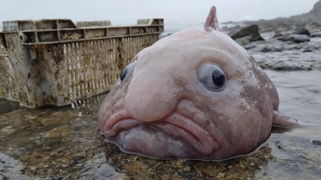 Close up of a blobfish on the shore next to a plastic crate