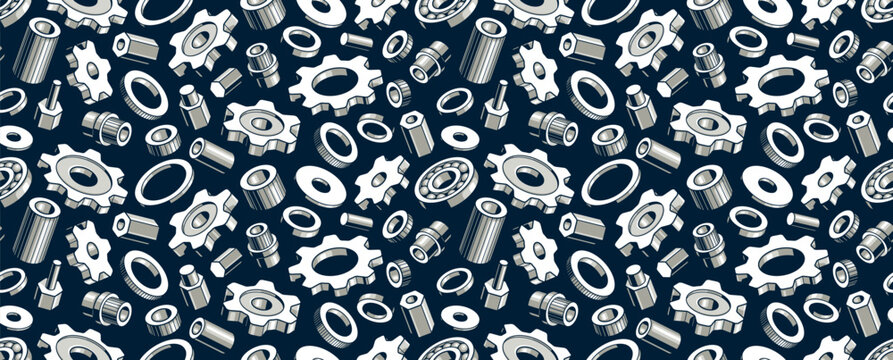 Gears and cogs seamless background, vector mechanical engineering endless wallpaper, fix and repair theme tiling pattern, elements can be used separately.