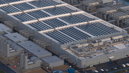 Large data center building with rooftop solar panels