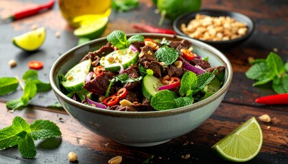 Fresh salad with beef, herbs, and lime on a wooden table with nuts and olive oil in the background during the daytime