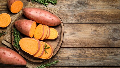 Sweet potatoes arranged on a wooden platter with fresh rosemary on a rustic table