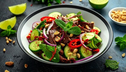 Fresh salad with beef, cucumbers, and herbs served in a bowl with lime and peanuts on the side
