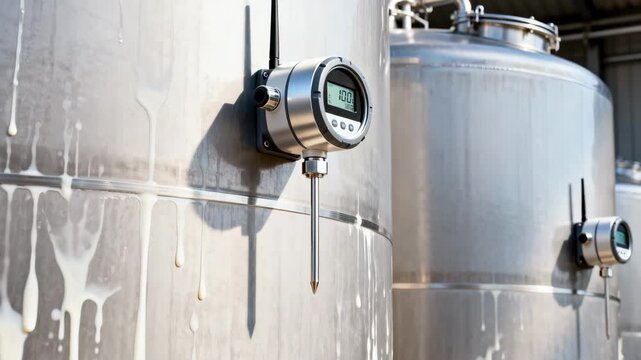 Medium shot of wireless IoT sensors attached to milk silo exterior capturing realtime level and temperature data for efficient dairy storage management.