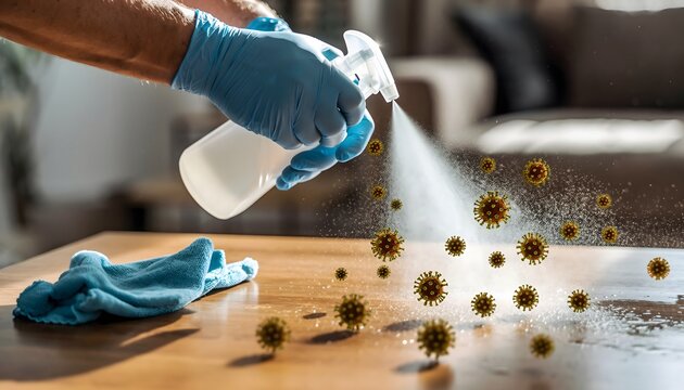 Preventing the spread of viruses at home Person disinfecting a wooden surface with a spray cleaner for hygiene