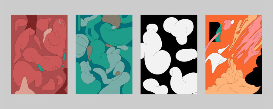 Abstract shapes, blots pattern, posters set. Modern trendy cards, background designs with fluid blobs, liquid drops, smooth spots, bubbles, organic amorphous forms. Flat vector illustrations