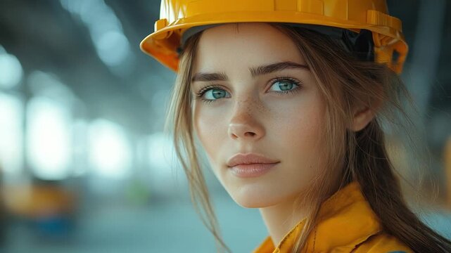 Confident in Construction: A strong woman, adorned in a vibrant yellow hard hat and matching workwear, gazes steadily, emanating confidence and readiness to tackle any task.