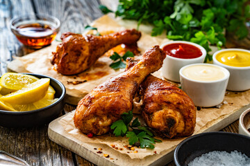 Air fryer chicken drumsticks with mayonnaise, ketchup and mustard on wooden table