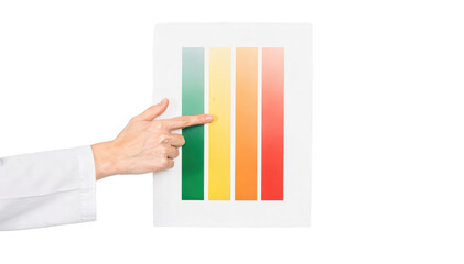 Minimalistic clinic photo showcasing a closeup of a healthcare professional pointing at a lower limb claudication severity scale chart highlighting pain levels in different colors