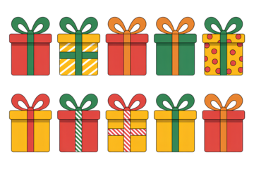 Collection gift boxes with bows isolated on transparent background festive surprise present parcels vector illustration