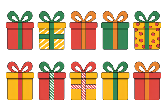 Collection gift boxes with bows isolated on transparent background festive surprise present parcels vector illustration - Powered by Adobe