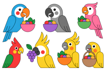 Collection of colorful cartoon parrots holding bowls of fruit on transparent background