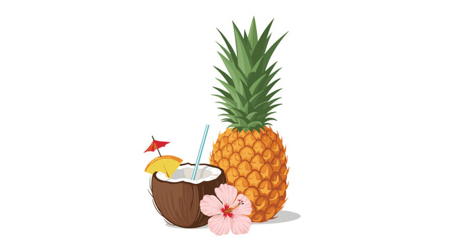 Refreshing tropical drink served in a coconut shell with a straw and umbrella next to a ripe pineapple and a pink hibiscus flower for summer.