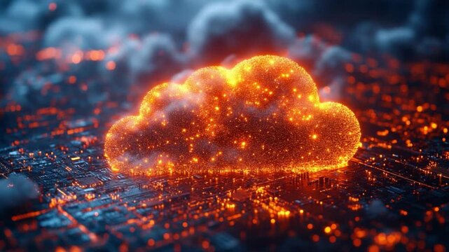 Cloud Computing in Digital World: A striking visual of a radiant cloud emblem, symbolizing the dynamic world of cloud computing, glows brilliantly within a circuit board landscape.