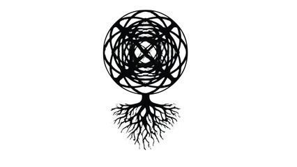 Intricate geometric sphere atop a stylized tree with roots, symbolizing growth and interconnectedness.