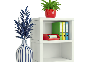 White shelf with office supplies and decorative plants