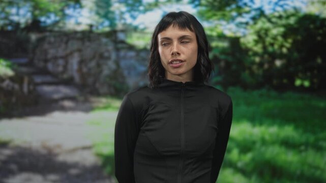 Woman in black jacket standing still looking up in forest with dappled sunlight filtering through leaves; reflection.