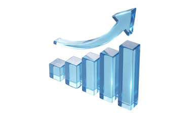 Blue glass graph bars with upward trending arrow symbolizing growth and progress in business and finance isolated on transparent background transparent background