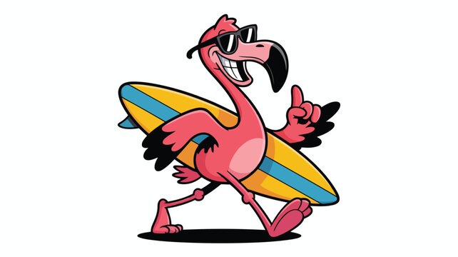 A happy pink cartoon flamingo wearing cool sunglasses holds a surfboard and points with an enthusiastic gesture