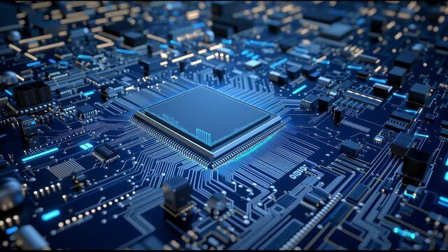 Computer chip on blue circuit board microchip technology detailed integrated circuit on blue motherboard surface