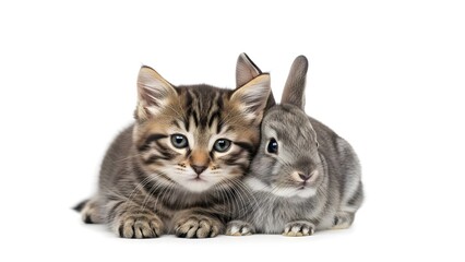 Fototapeta premium Cute Kitten and Rabbit Isolated on White