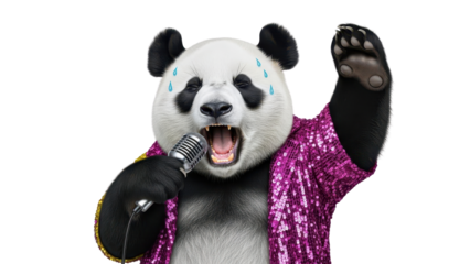 Excited Panda Bear Mascot Wearing Pink Sequin Jacket and Holding Microphone isolated PNG with Transparent Background