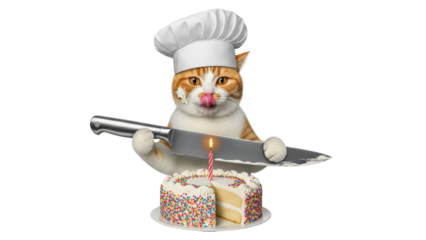 Ginger Cat Chef with Knife and Birthday Cake isolated PNG with Transparent Background